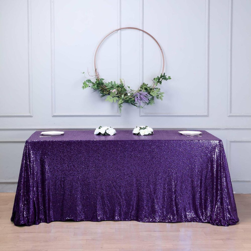 Purple Seamless Premium Sequin Rectangle Tablecloth 90×156″ for 8 Foot Table With Floor-Length Drop  |   Sequin Sequin Purple