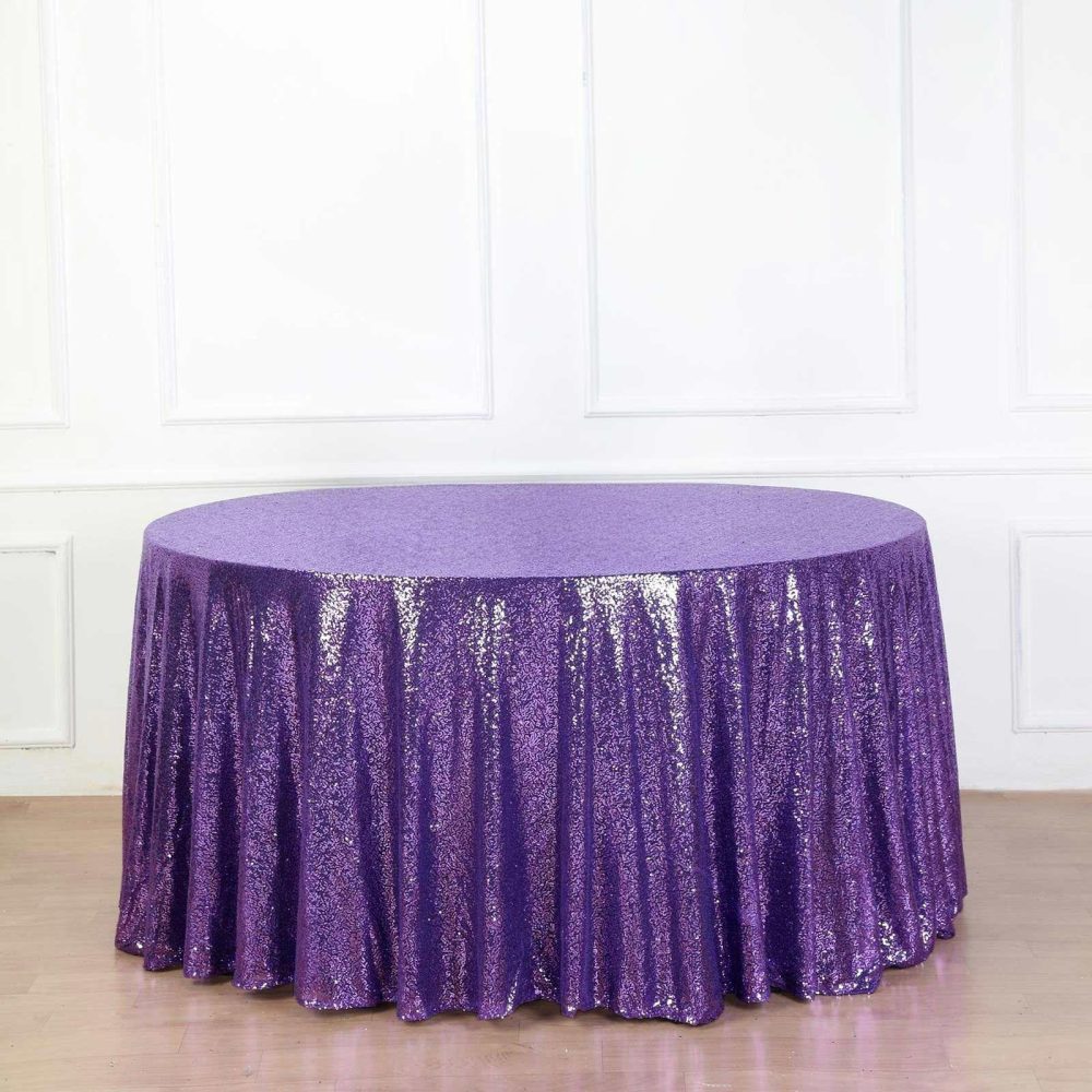 Purple Seamless Premium Sequin Round Tablecloth, Sparkly Tablecloth 132″ for 6 Foot Table With Floor-Length Drop  |   Sequin Sequin Purple