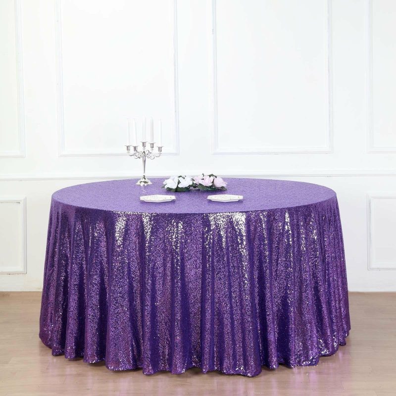 Purple Seamless Premium Sequin Round Tablecloth, Sparkly Tablecloth 132″ for 6 Foot Table With Floor-Length Drop  |   Sequin Sequin Purple