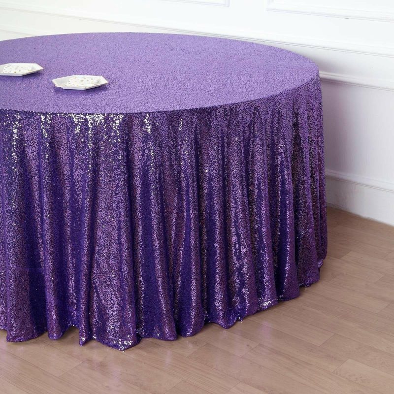 Purple Seamless Premium Sequin Round Tablecloth, Sparkly Tablecloth 132″ for 6 Foot Table With Floor-Length Drop  |   Sequin Sequin Purple