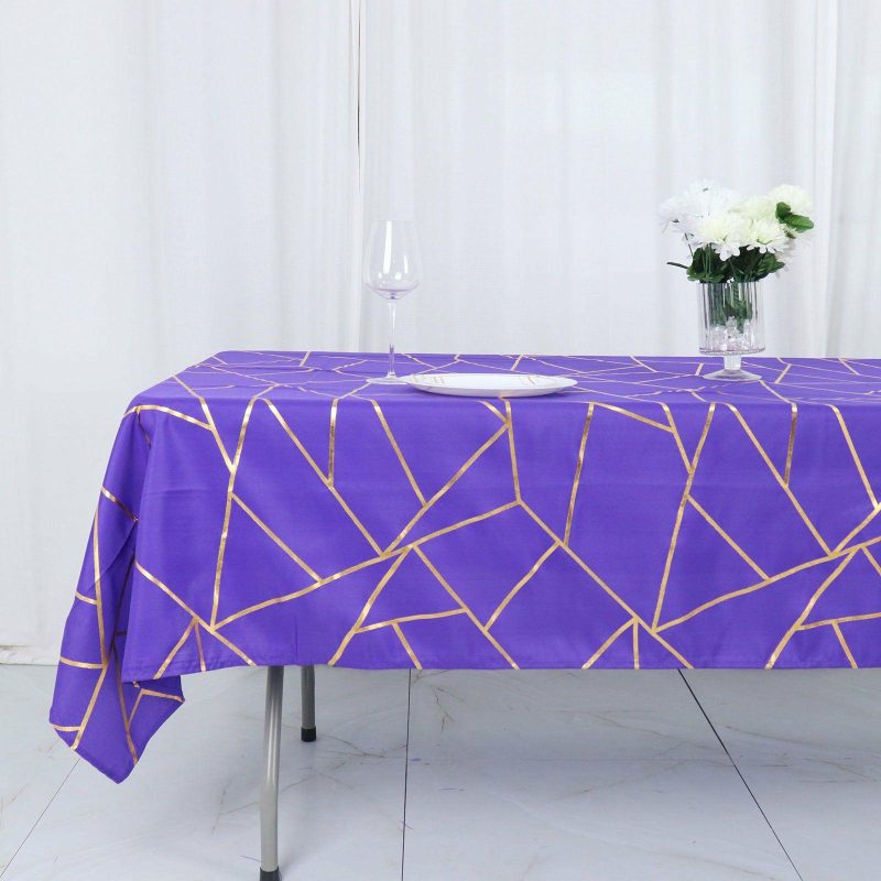 Purple Seamless Rectangle Polyester Tablecloth With Gold Foil Geometric Pattern 60″x102″  |   Polyester Polyester Polyester