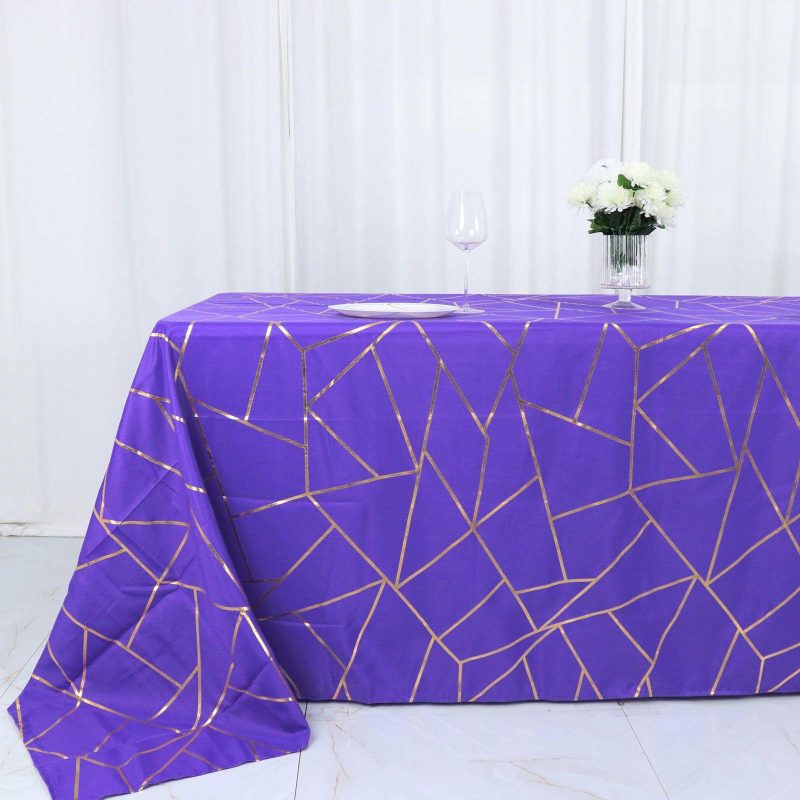 Purple Seamless Rectangle Polyester Tablecloth With Gold Foil Geometric Pattern 90″x132″ for 6 Foot Table With Floor-Length Drop  |   Polyester Polyester Polyester