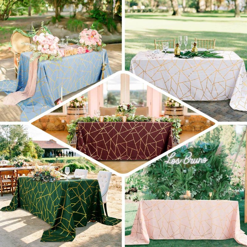 Purple Seamless Rectangle Polyester Tablecloth With Gold Foil Geometric Pattern 90″x132″ for 6 Foot Table With Floor-Length Drop  |   Polyester Polyester Polyester