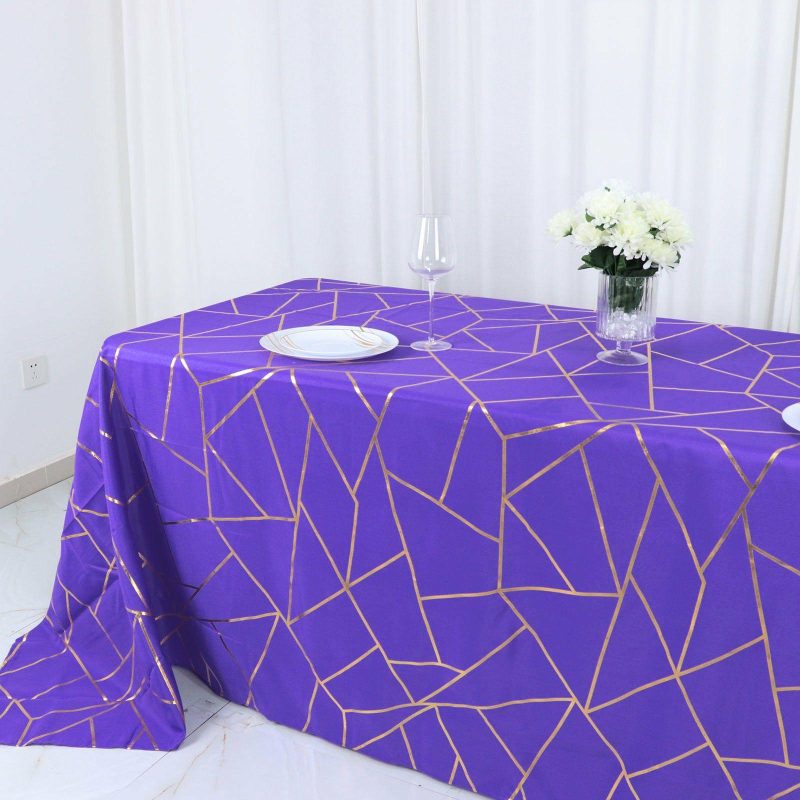 Purple Seamless Rectangle Polyester Tablecloth With Gold Foil Geometric Pattern 90″x132″ for 6 Foot Table With Floor-Length Drop  |   Polyester Polyester Polyester