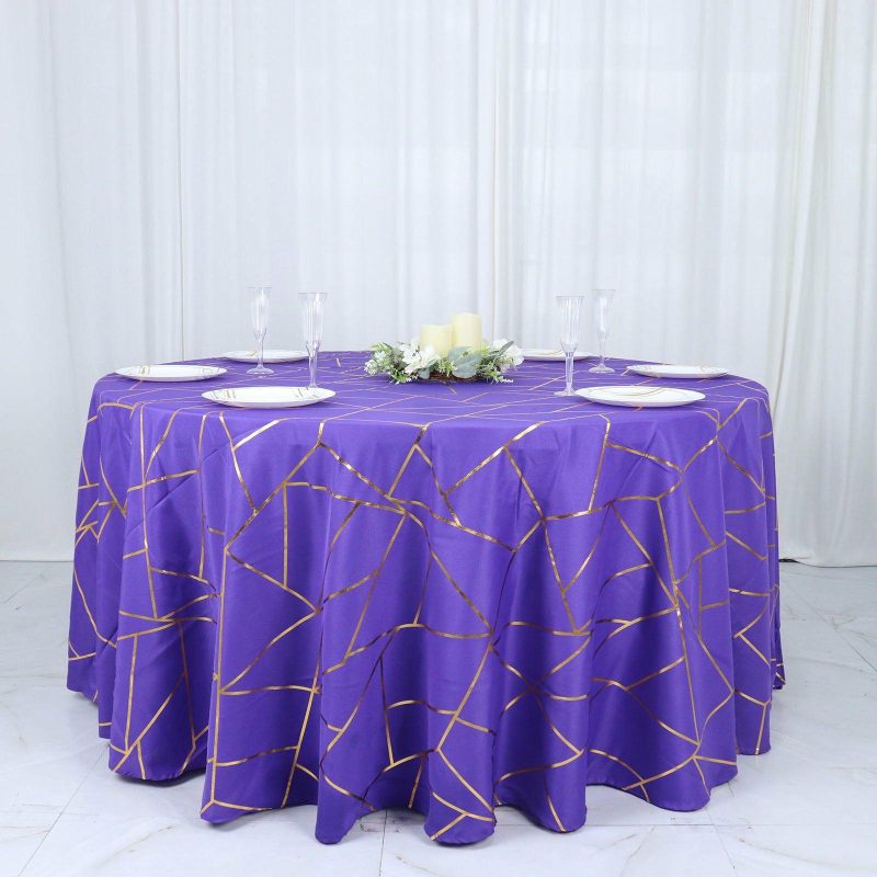 Purple Seamless Round Polyester Tablecloth With Gold Foil Geometric Pattern 120″ for 5 Foot Table With Floor-Length Drop  |   Polyester Polyester Polyester