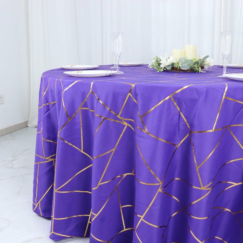 Purple Seamless Round Polyester Tablecloth With Gold Foil Geometric Pattern 120″ for 5 Foot Table With Floor-Length Drop  |   Polyester Polyester Polyester