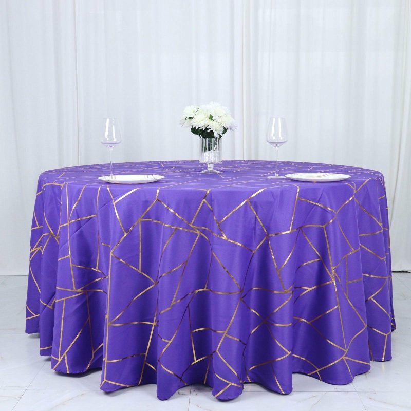 Purple Seamless Round Polyester Tablecloth With Gold Foil Geometric Pattern 120″ for 5 Foot Table With Floor-Length Drop  |   Polyester Polyester Polyester