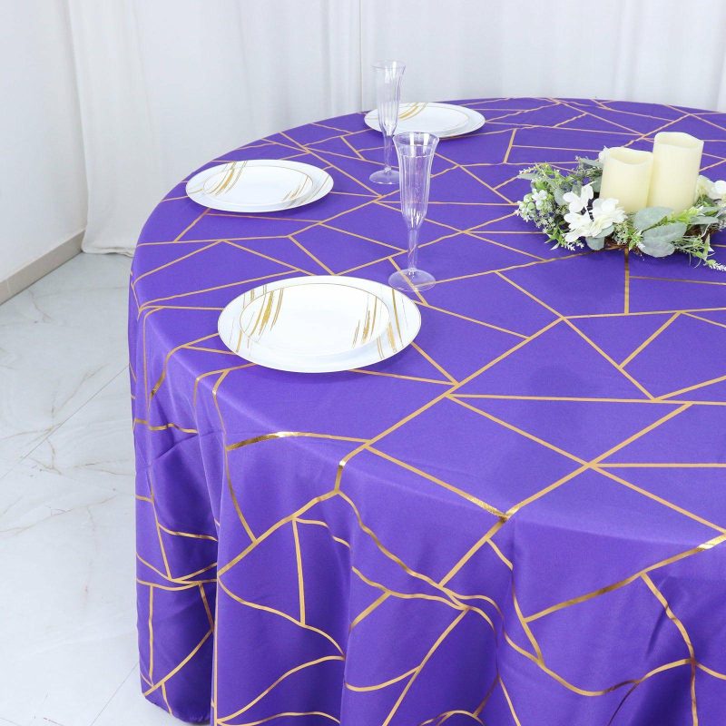 Purple Seamless Round Polyester Tablecloth With Gold Foil Geometric Pattern 120″ for 5 Foot Table With Floor-Length Drop  |   Polyester Polyester Polyester