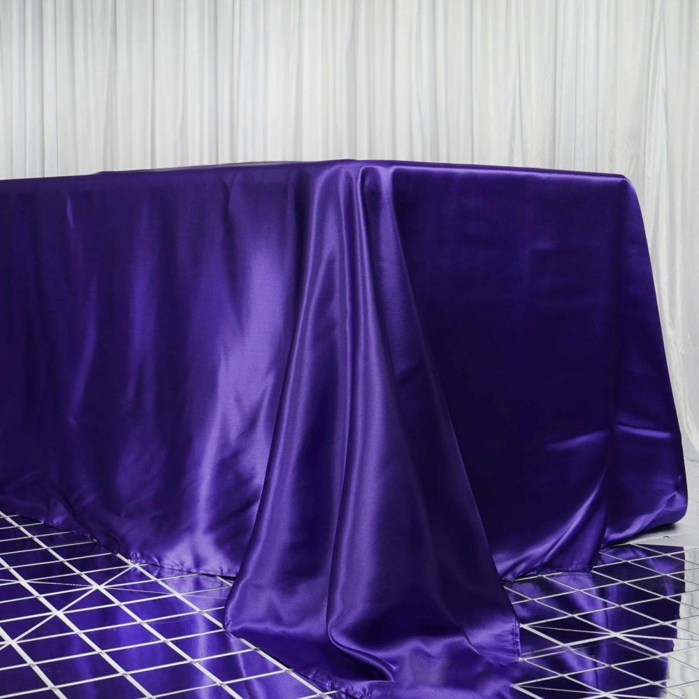 Purple Seamless Satin Rectangular Tablecloth 90″x156″ for 8 Foot Table With Floor-Length Drop  |   Satin Satin Purple