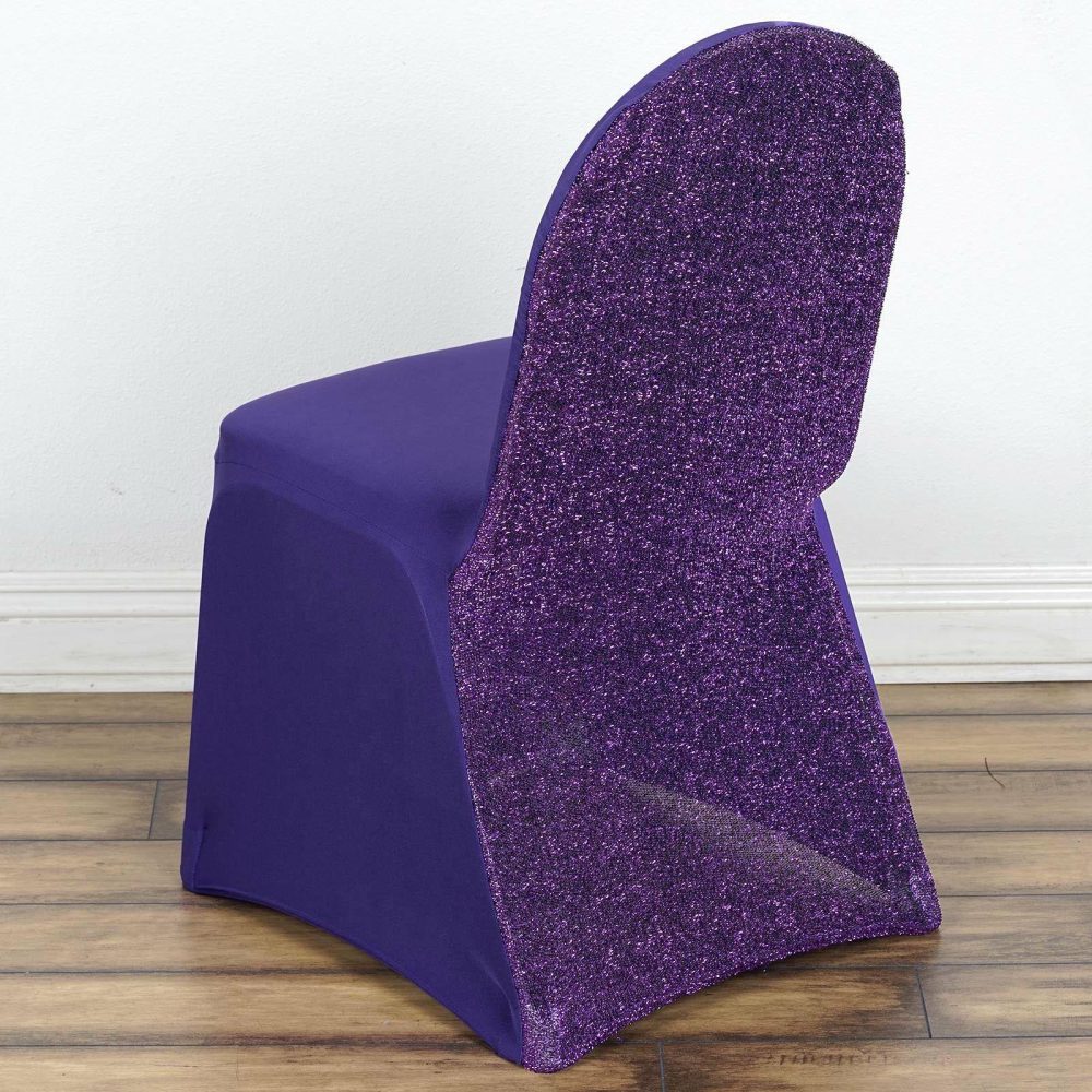 Purple Spandex Stretch Banquet Chair Cover, Fitted with Metallic Shimmer Tinsel Back  |   Spandex Fitted Banquet Chair Covers Purple