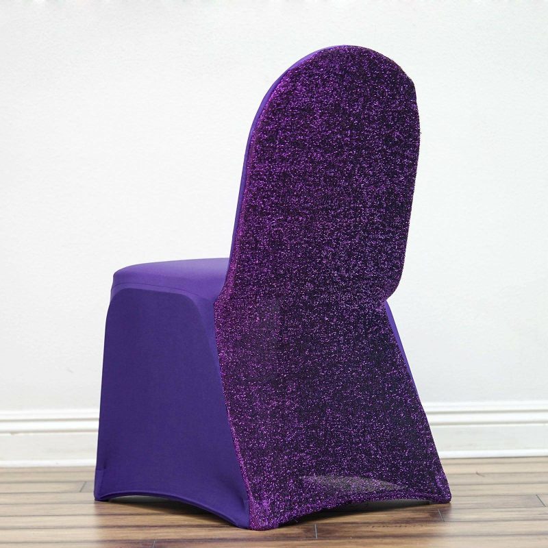 Purple Spandex Stretch Banquet Chair Cover, Fitted with Metallic Shimmer Tinsel Back  |   Spandex Fitted Banquet Chair Covers Purple