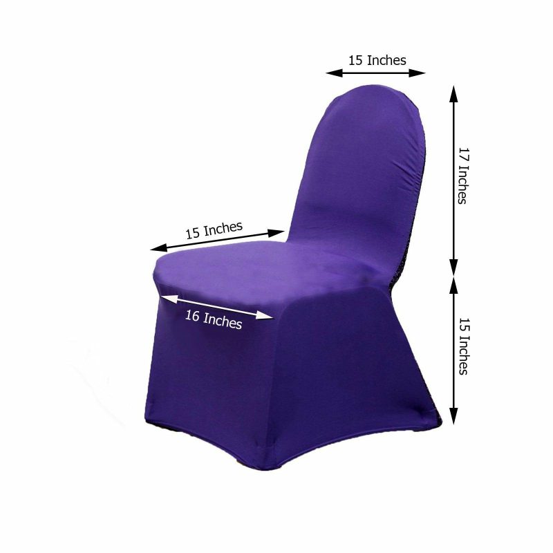 Purple Spandex Stretch Banquet Chair Cover, Fitted with Metallic Shimmer Tinsel Back  |   Spandex Fitted Banquet Chair Covers Purple