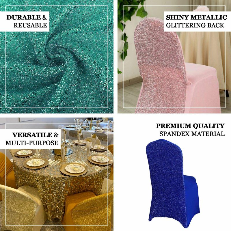 Purple Spandex Stretch Banquet Chair Cover, Fitted with Metallic Shimmer Tinsel Back  |   Spandex Fitted Banquet Chair Covers Purple