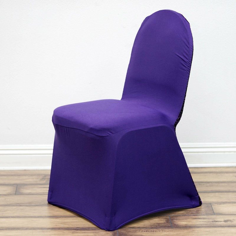 Purple Spandex Stretch Banquet Chair Cover, Fitted with Metallic Shimmer Tinsel Back  |   Spandex Fitted Banquet Chair Covers Purple