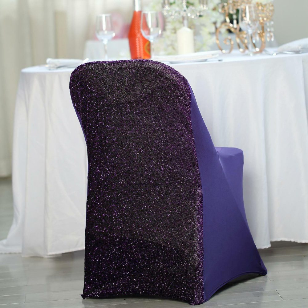 Purple Spandex Stretch Folding Chair Cover, Fitted Chair Cover with Metallic Shimmer Tinsel Back  |   Spandex Fitted Folding Chair Covers Purple