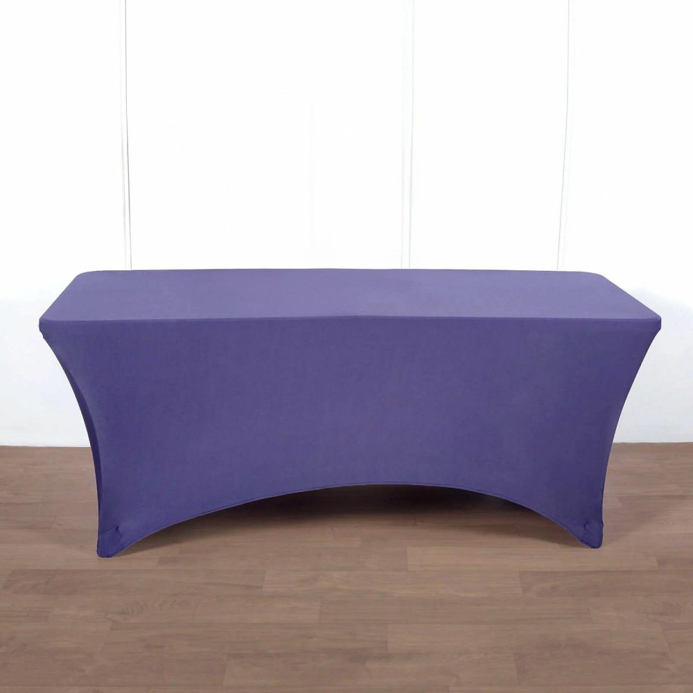 Purple Stretch Spandex Rectangle Tablecloth 8ft Wrinkle Free Fitted Table Cover for 96″x30″ Tables  |   Spandex & Fitted Spandex & Fitted Purple