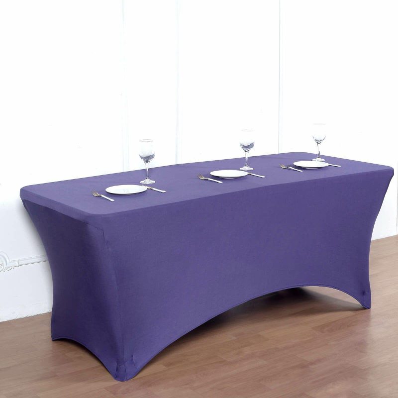 Purple Stretch Spandex Rectangle Tablecloth 8ft Wrinkle Free Fitted Table Cover for 96″x30″ Tables  |   Spandex & Fitted Spandex & Fitted Purple