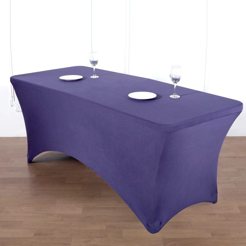 Purple Stretch Spandex Rectangle Tablecloth 8ft Wrinkle Free Fitted Table Cover for 96″x30″ Tables  |   Spandex & Fitted Spandex & Fitted Purple