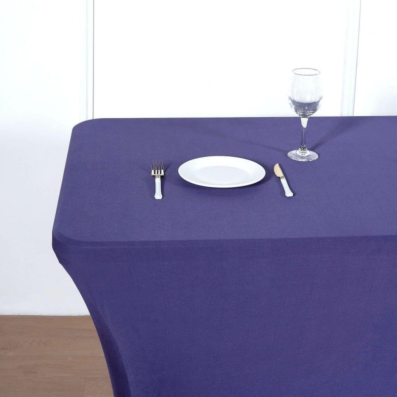 Purple Stretch Spandex Rectangle Tablecloth 8ft Wrinkle Free Fitted Table Cover for 96″x30″ Tables  |   Spandex & Fitted Spandex & Fitted Purple