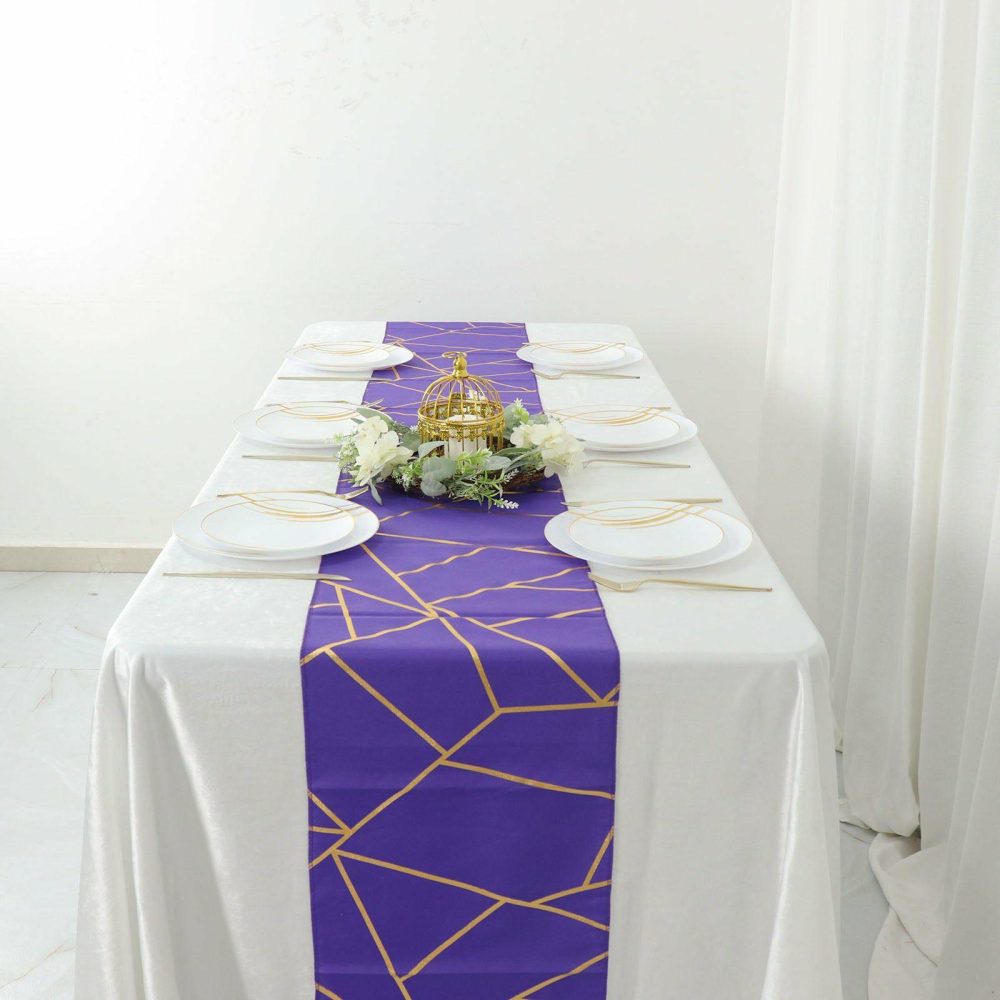 Purple With Gold Foil Geometric Pattern Table Runner 9ft  |   Polyester Polyester Polyester