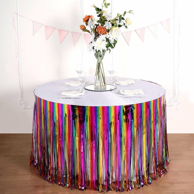 Rainbow Metallic Tinsel Foil Fringe Table Skirt, Self Adhesive Tinsel Table Skirt 29″x 9ft  |   Disposable Tablecloth Disposable Tablecloth Assorted