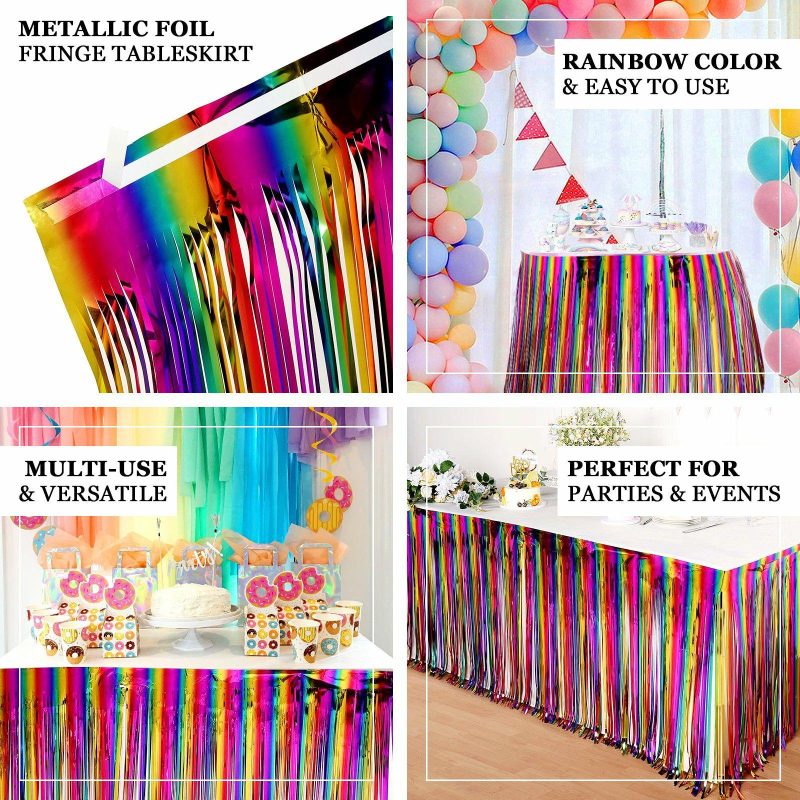 Rainbow Metallic Tinsel Foil Fringe Table Skirt, Self Adhesive Tinsel Table Skirt 29″x 9ft  |   Disposable Tablecloth Disposable Tablecloth Assorted