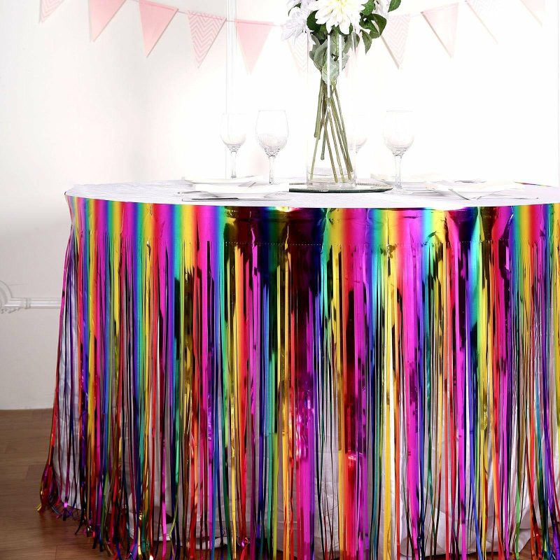 Rainbow Metallic Tinsel Foil Fringe Table Skirt, Self Adhesive Tinsel Table Skirt 29″x 9ft  |   Disposable Tablecloth Disposable Tablecloth Assorted