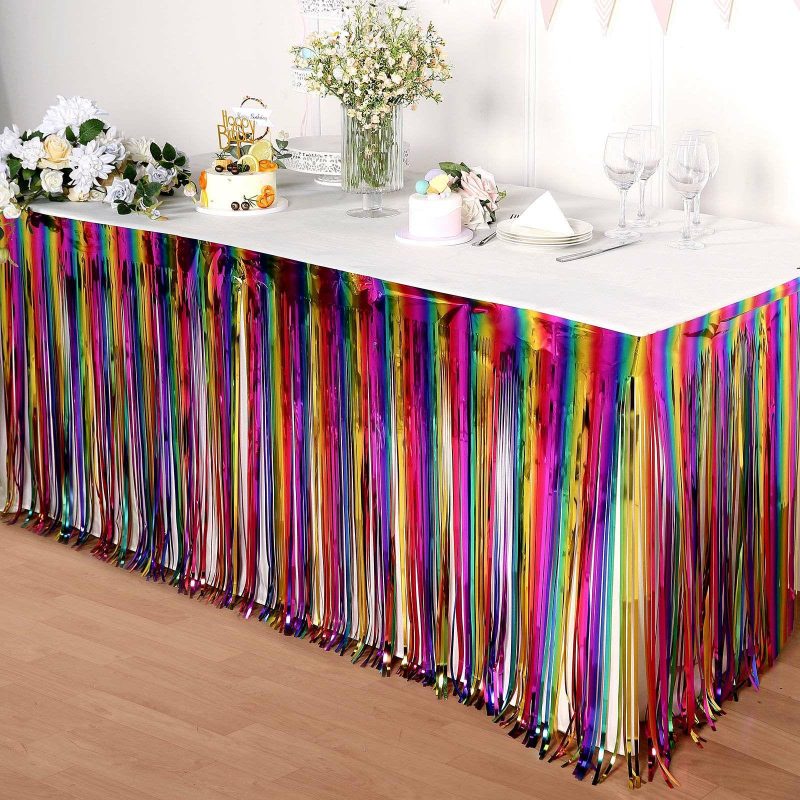 Rainbow Metallic Tinsel Foil Fringe Table Skirt, Self Adhesive Tinsel Table Skirt 29″x 9ft  |   Disposable Tablecloth Disposable Tablecloth Assorted