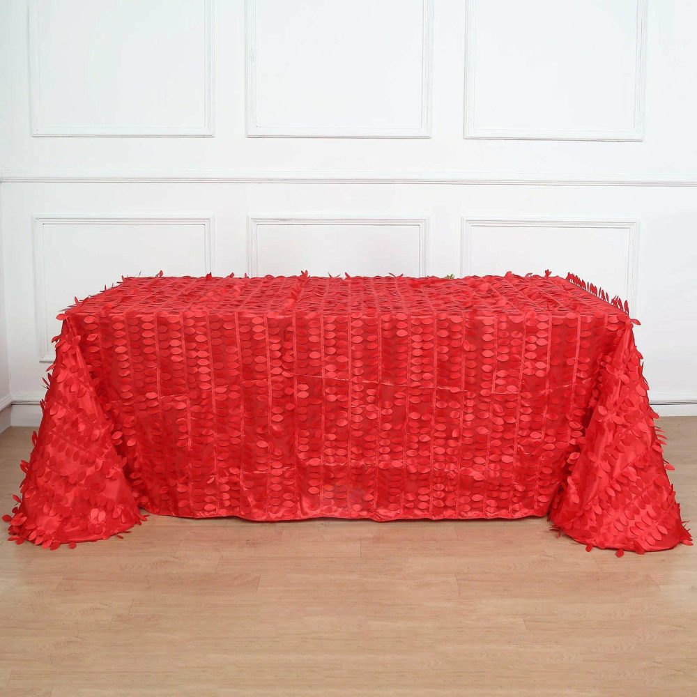 Red 3D Leaf Petal Taffeta Fabric Seamless Rectangle Tablecloth 90″x156″ for 8 Foot Table With Floor-Length Drop  |   Pintuck, Crinkle & Leaf Tablecloths Pintuck, Crinkle & Leaf