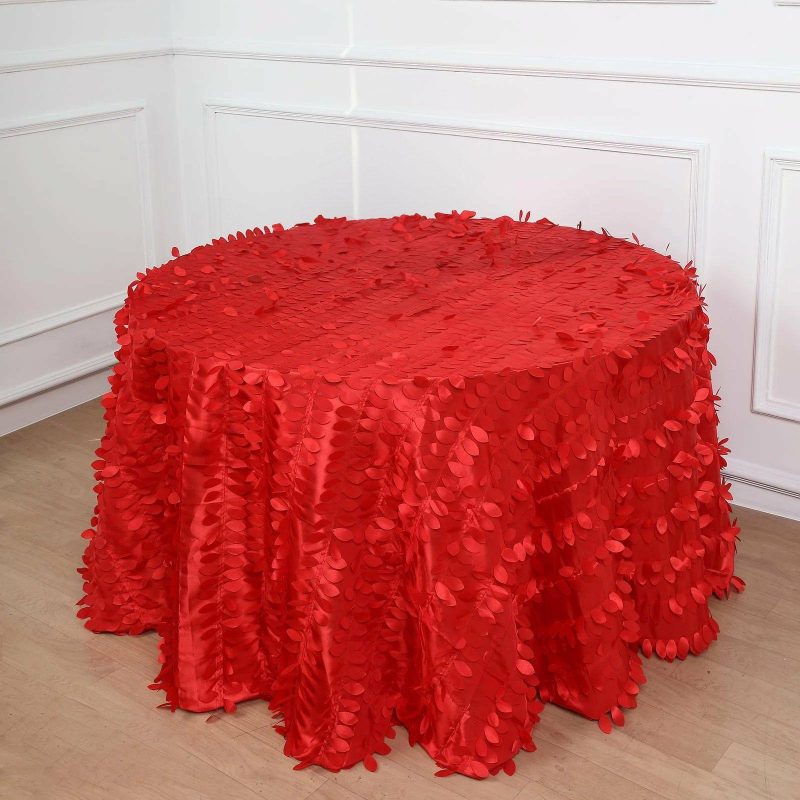 Red 3D Leaf Petal Taffeta Fabric Seamless Round Tablecloth 120″ for 5 Foot Table With Floor-Length Drop  |   Pintuck, Crinkle & Leaf Pintuck, Crinkle & Leaf Pintuck, Crinkle & Leaf