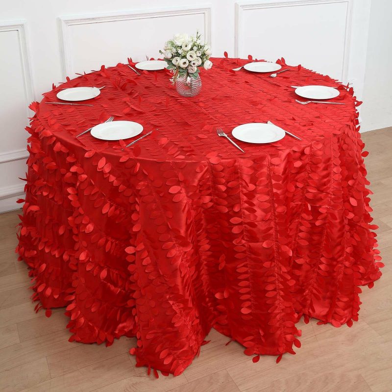 Red 3D Leaf Petal Taffeta Fabric Seamless Round Tablecloth 120″ for 5 Foot Table With Floor-Length Drop  |   Pintuck, Crinkle & Leaf Pintuck, Crinkle & Leaf Pintuck, Crinkle & Leaf