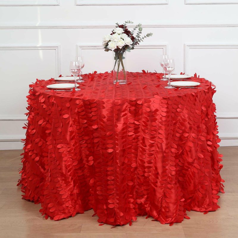 Red 3D Leaf Petal Taffeta Fabric Seamless Round Tablecloth 120″ for 5 Foot Table With Floor-Length Drop  |   Pintuck, Crinkle & Leaf Pintuck, Crinkle & Leaf Pintuck, Crinkle & Leaf