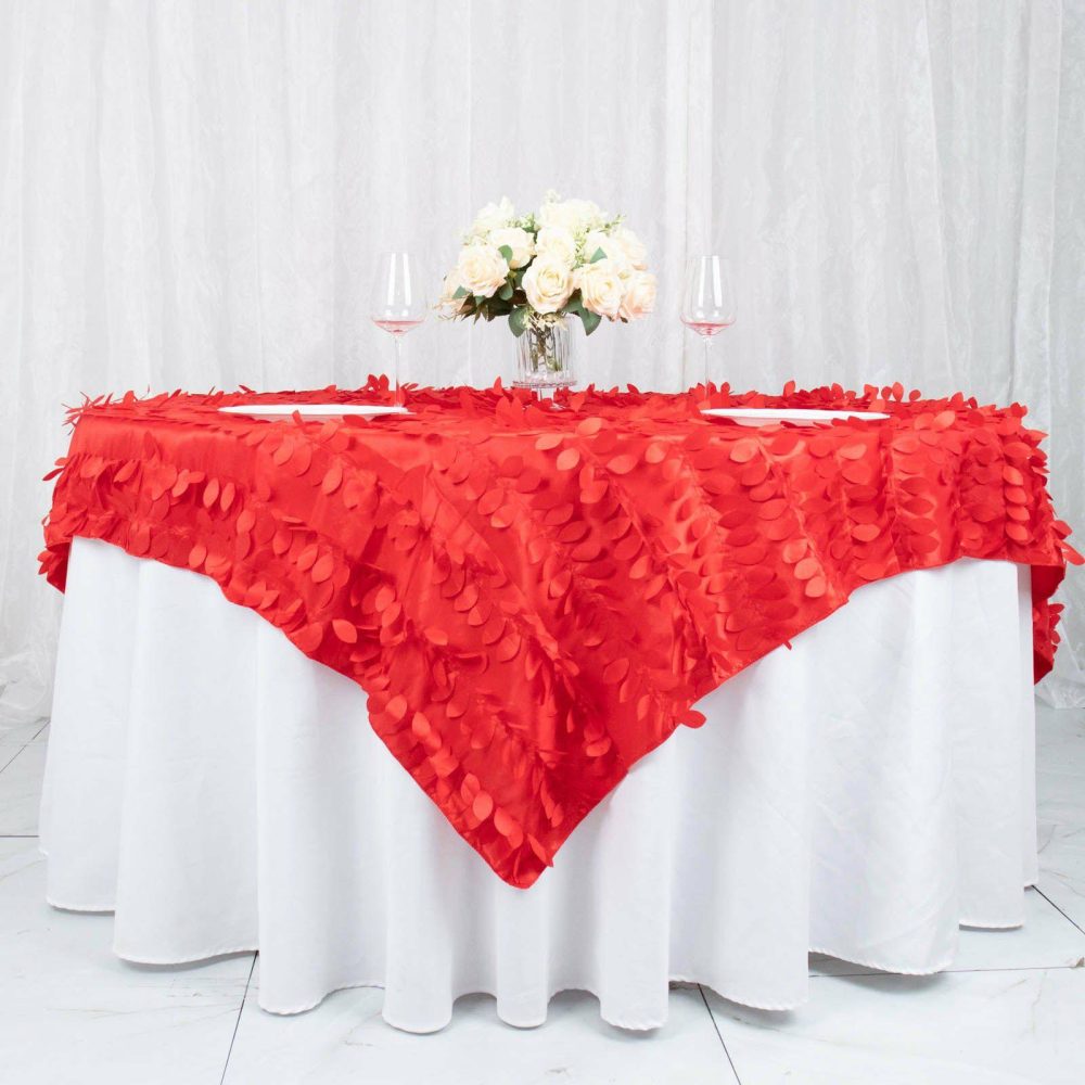 Red 3D Leaf Petal Taffeta Fabric Table Overlay 72″x72″  |   Satin & Taffeta Satin & Taffeta Red