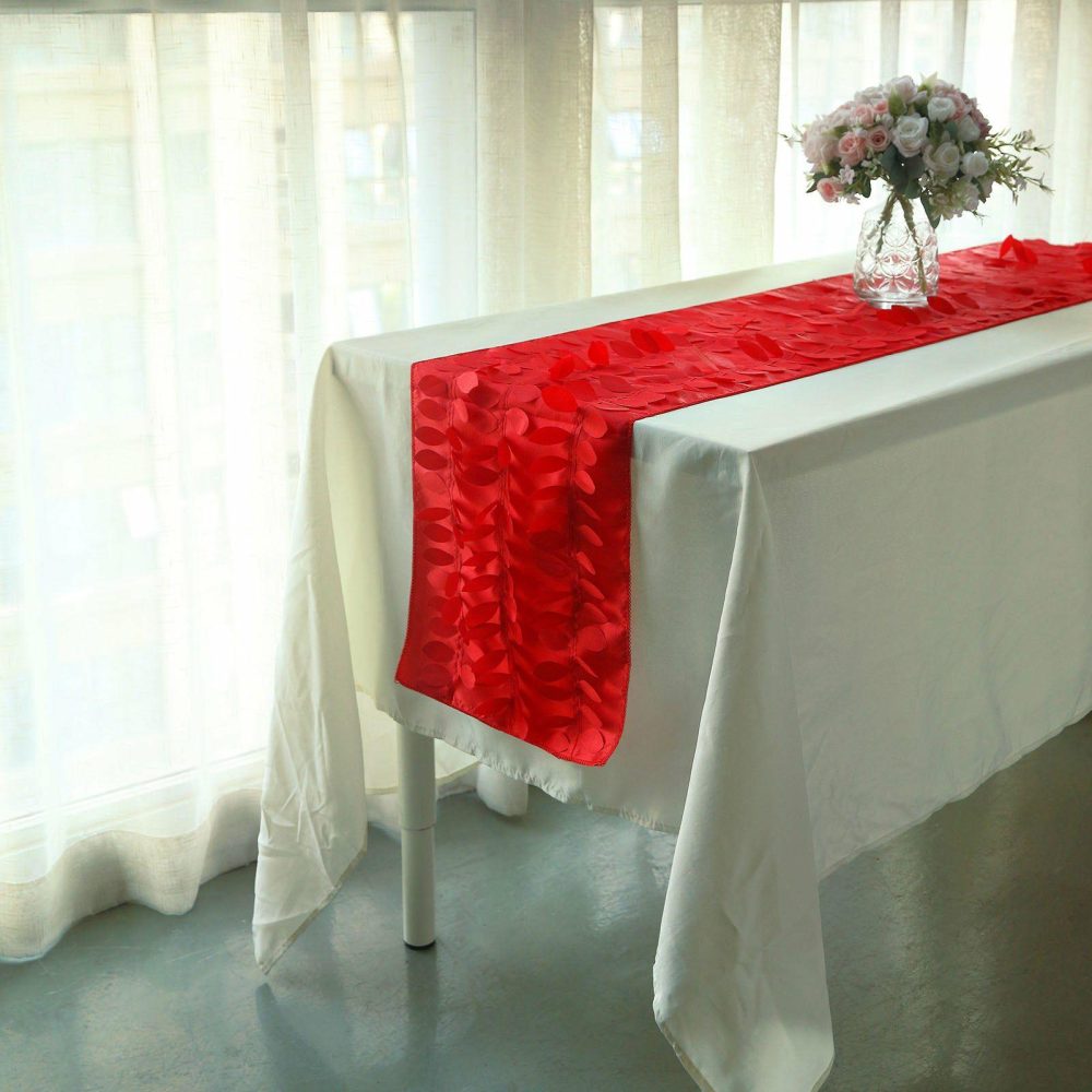 Red 3D Leaf Petal Taffeta Fabric Table Runner 12″x108″  |   Stylish Stylish Red