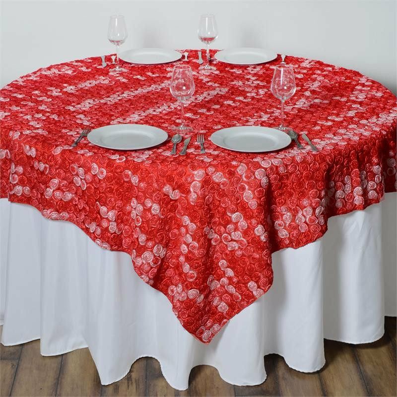 Red 3D Mini Rosette Satin Square Table Overlay 72″x72″  |   Satin & Taffeta Satin & Taffeta Red