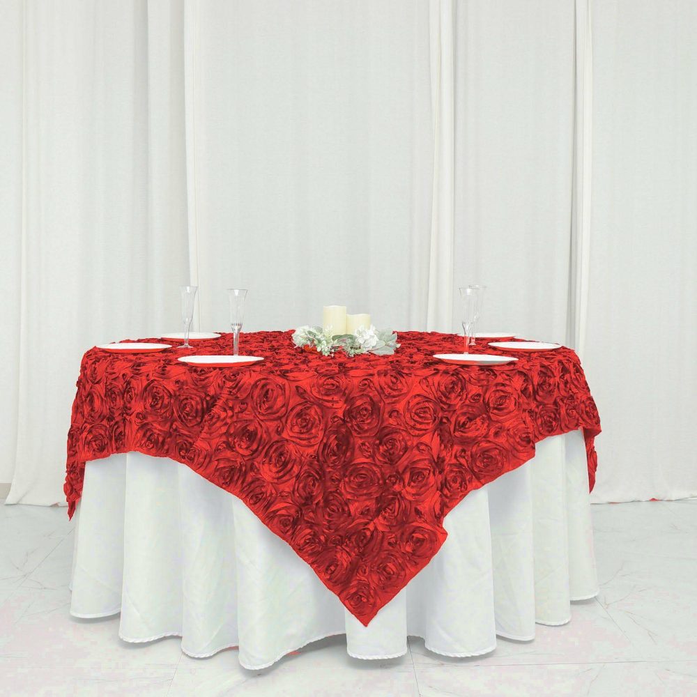 Red 3D Rosette Satin Square Table Overlay 72″x72″  |   Satin & Taffeta Satin & Taffeta Red