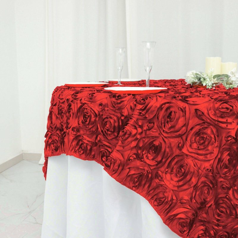 Red 3D Rosette Satin Square Table Overlay 72″x72″  |   Satin & Taffeta Satin & Taffeta Red