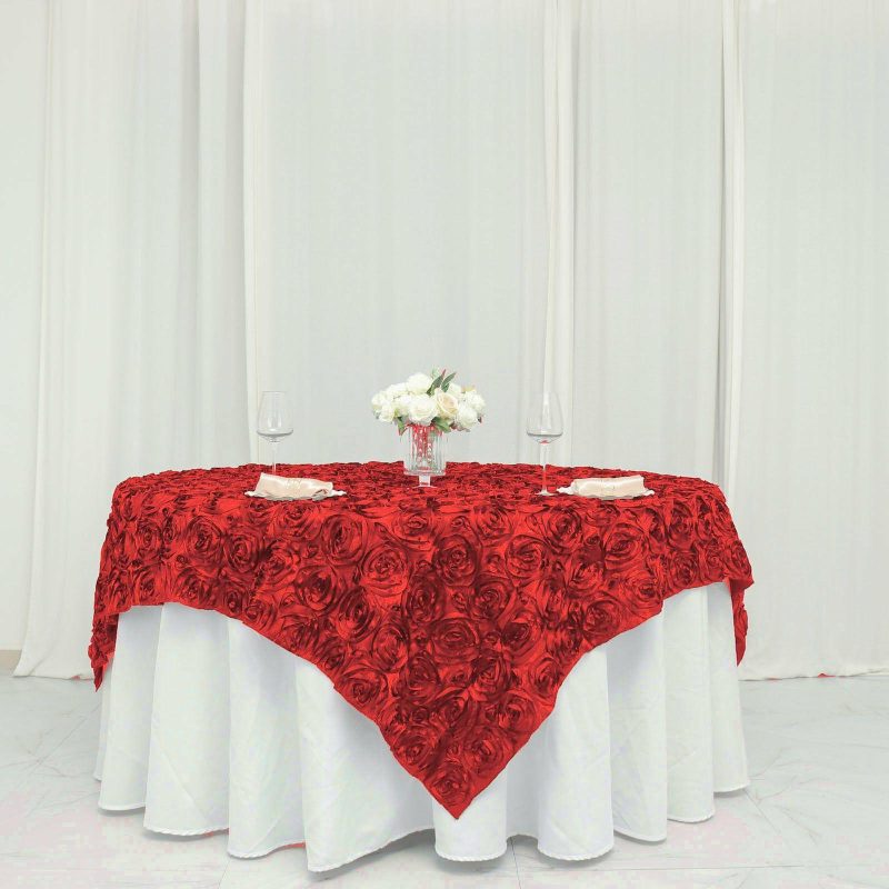 Red 3D Rosette Satin Square Table Overlay 72″x72″  |   Satin & Taffeta Satin & Taffeta Red