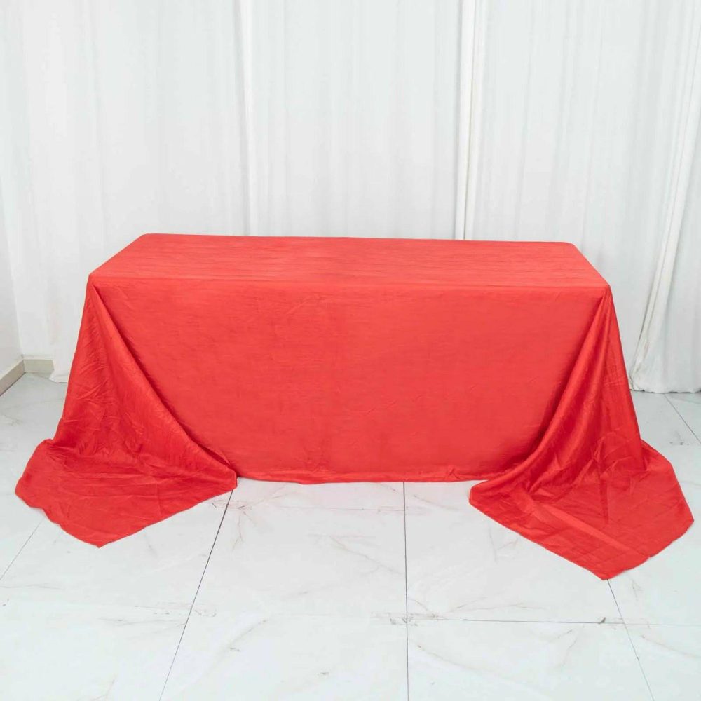 Red Accordion Crinkle Taffeta Seamless Rectangular Tablecloth 90″x156″ for 8 Foot Table With Floor-Length Drop  |   Pintuck, Crinkle & Leaf Pintuck, Crinkle & Leaf Pintuck, Crinkle & Leaf