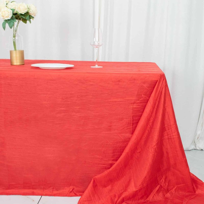 Red Accordion Crinkle Taffeta Seamless Rectangular Tablecloth 90″x156″ for 8 Foot Table With Floor-Length Drop  |   Pintuck, Crinkle & Leaf Pintuck, Crinkle & Leaf Pintuck, Crinkle & Leaf