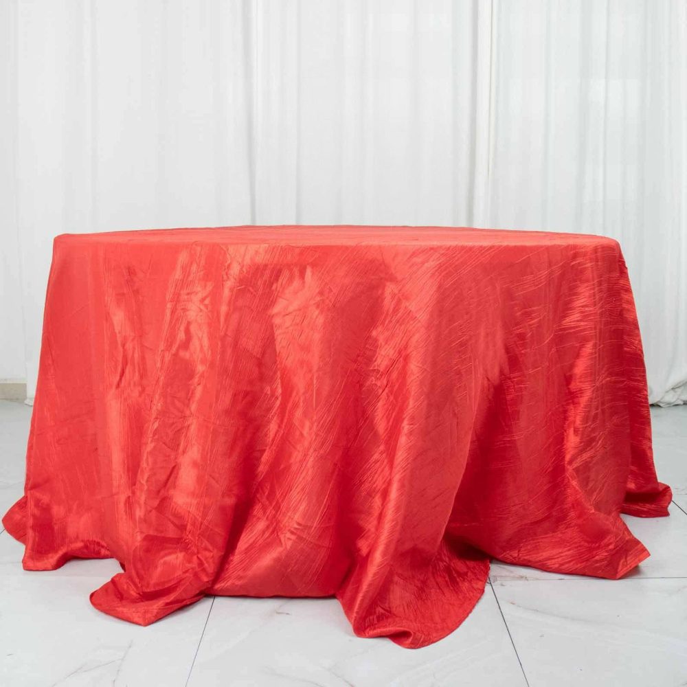 Red Accordion Crinkle Taffeta Seamless Round Tablecloth 132″ for 6 Foot Table With Floor-Length Drop  |   Pintuck, Crinkle & Leaf Pintuck, Crinkle & Leaf Pintuck, Crinkle & Leaf