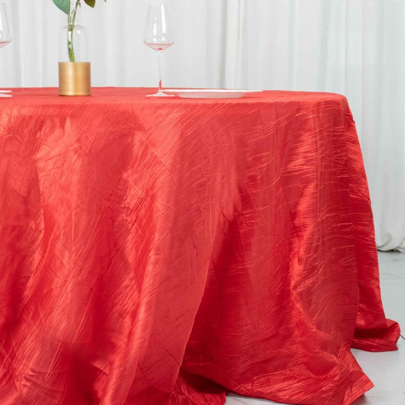 Red Accordion Crinkle Taffeta Seamless Round Tablecloth 132″ for 6 Foot Table With Floor-Length Drop  |   Pintuck, Crinkle & Leaf Pintuck, Crinkle & Leaf Pintuck, Crinkle & Leaf