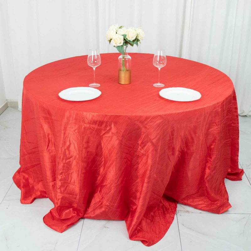 Red Accordion Crinkle Taffeta Seamless Round Tablecloth 132″ for 6 Foot Table With Floor-Length Drop  |   Pintuck, Crinkle & Leaf Pintuck, Crinkle & Leaf Pintuck, Crinkle & Leaf