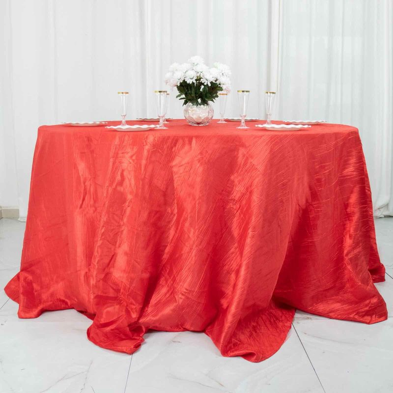 Red Accordion Crinkle Taffeta Seamless Round Tablecloth 132″ for 6 Foot Table With Floor-Length Drop  |   Pintuck, Crinkle & Leaf Pintuck, Crinkle & Leaf Pintuck, Crinkle & Leaf