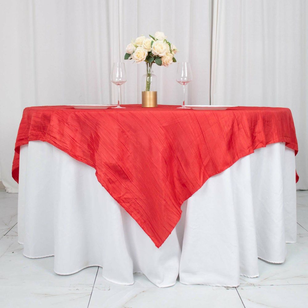 Red Accordion Crinkle Taffeta Table Overlay, Square Tablecloth Topper 72″x72″  |   Satin & Taffeta Satin & Taffeta Red