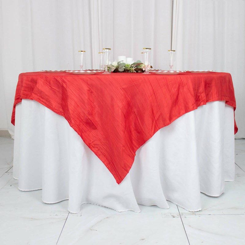 Red Accordion Crinkle Taffeta Table Overlay, Square Tablecloth Topper 72″x72″  |   Satin & Taffeta Satin & Taffeta Red