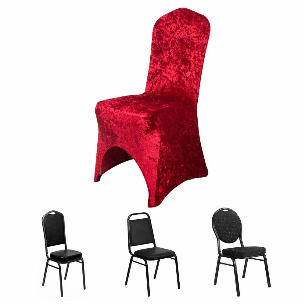 Red Crushed Velvet Spandex Stretch Banquet Chair Cover With Foot Pockets, Fitted Wedding Chair Cover 190 GSM  |   Spandex Fitted Banquet Chair Covers Red