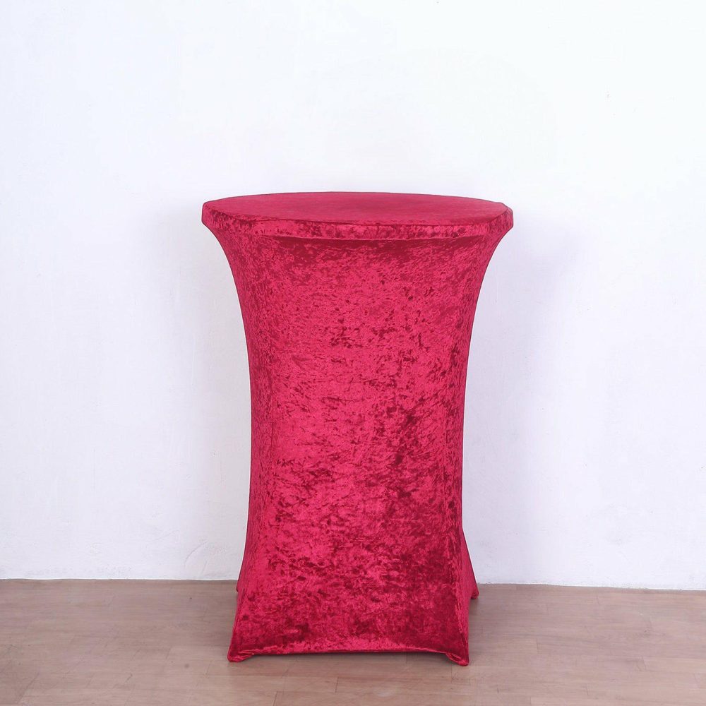 Red Crushed Velvet Stretch Fitted Round Highboy Cocktail Table Cover  |   Spandex & Fitted Spandex & Fitted Red