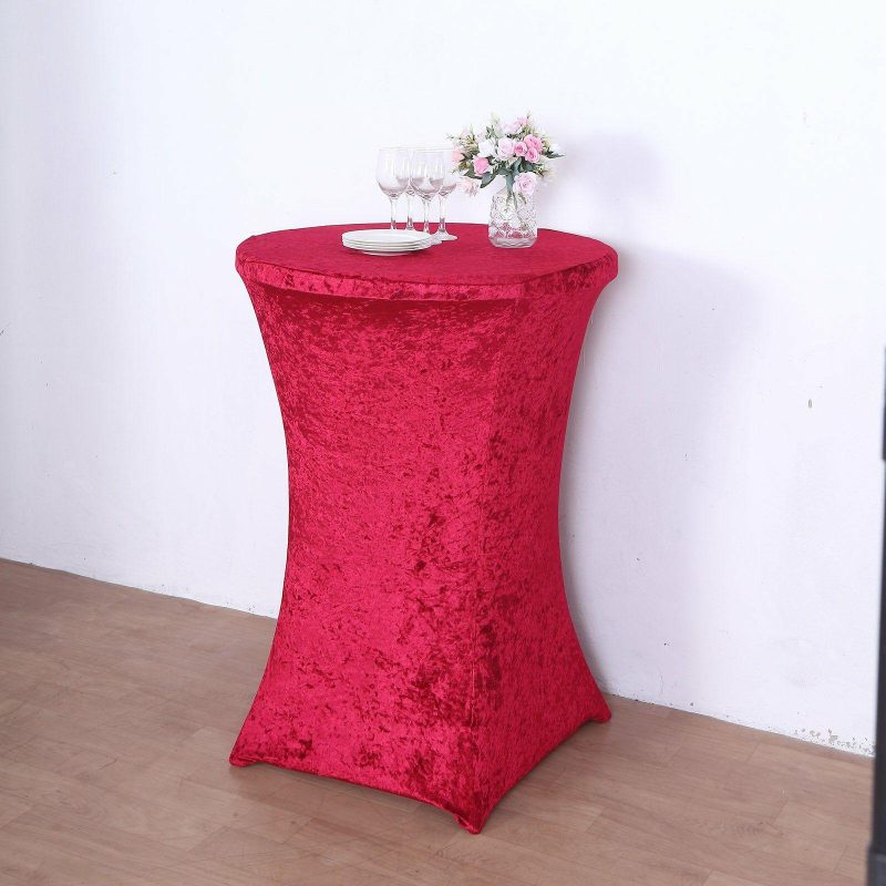 Red Crushed Velvet Stretch Fitted Round Highboy Cocktail Table Cover  |   Spandex & Fitted Spandex & Fitted Red