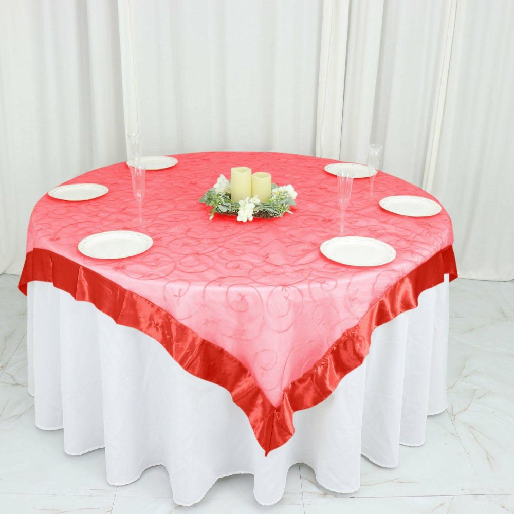 Red Embroidered Sheer Organza Square Table Overlay With Satin Edge 60″x60″  |   Sheer Organza Sheer Organza Red